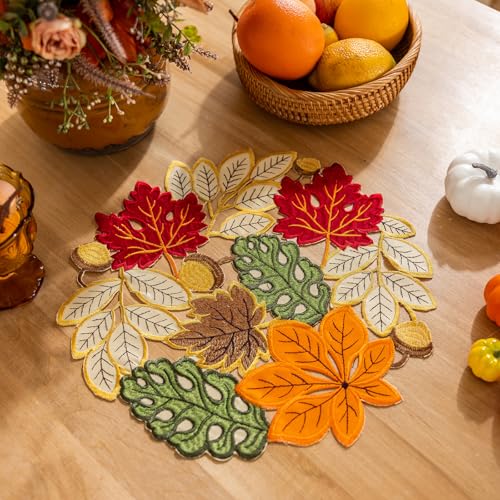 Thanksgiving Fall Placemat Set of 4 - Round Colorful Maple Leaves Table Decor