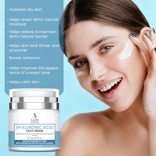 Sapi Anito Hyaluronic Acid Face & Neck Cream – With Ceramides, Peptides, Niacinamide & Vitamin C – Hydrating Moisturizer for Barrier Support – For Normal to Dry Skin, 1.7 fl oz