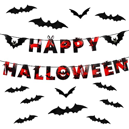 Halloween Bat Banner with 12 3D Stickers - Spooky Party Decorations
