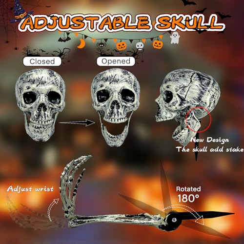 Outdoor Skeleton Decorations Set with Skull & Adjustable Arms for Halloween Yard Scare