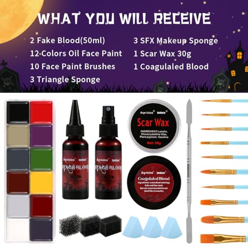 Professional Halloween SFX Makeup Kit with Fake Blood, Scar Wax & Brushes