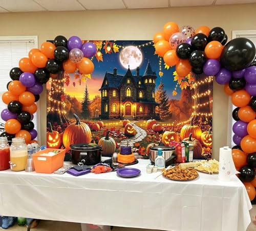 94x70 Inch Halloween Haunted House Backdrop Pumpkin Full Moon Banner