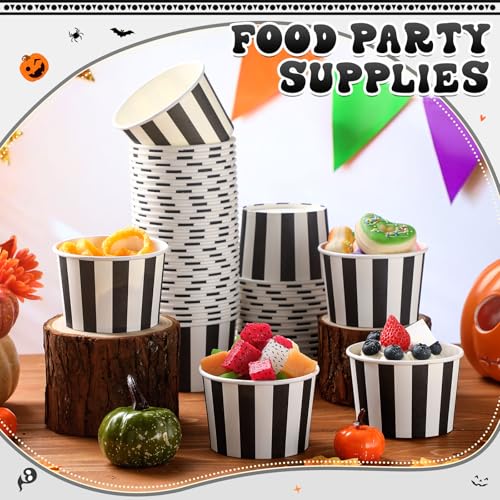 50 Pack 9 oz Black and White Stripe Paper Bowls for Parties & Events - Disposables