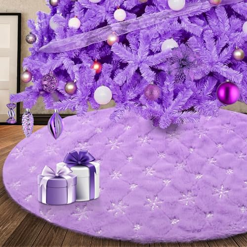 Purple 36 Inch Faux Fur Christmas Tree Skirt with Silver Sequin Snowflake - Holiday Decor