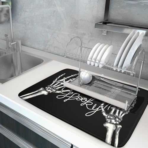 Halloween Skeleton Dish Drying Mat 24x18 Inch Microfiber Absorbent Kitchen Counter Decor