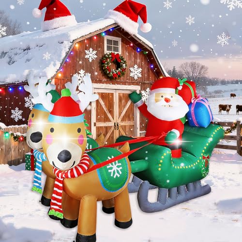 Inflatable Santa Sleigh with Reindeer - 6.7FT Christmas Yard Decor with LED Lights