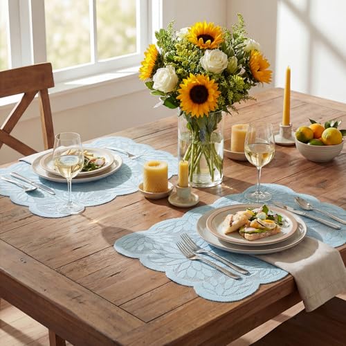 Blue Dahlia Lace Placemats Set of 4 - 12x18 Inch Rectangular Table Mats for Wedding & Party Decor