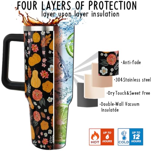 Fall Black Pumpkin Flower 40oz Tumbler with Handle - Halloween Decor Gift
