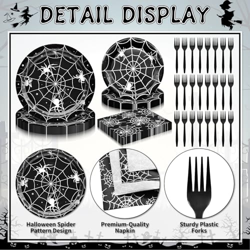 Halloween Spider Web Disposable Tableware Set for 24 Guests - Black & White Party Supplies