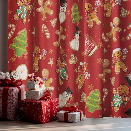 Red Sheer Christmas Curtains 52x63in - Pack of 2 Gingerbread Snowman Decor