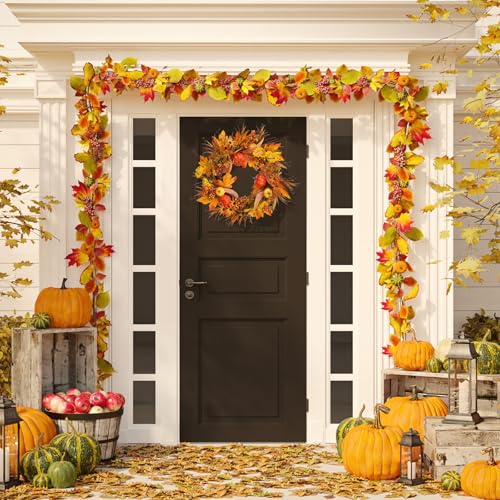 Autumn Fall Wreath for Front Door Decor - Orange Harvest Thanksgiving 19 Inches - PurpleSwan