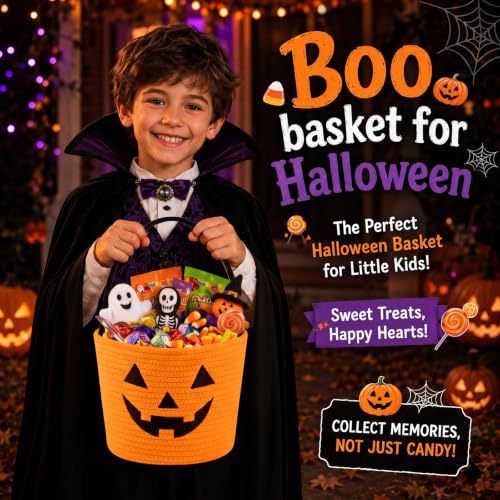 Halloween Bucket for Kids - Pumpkin Basket with Handle, Orange, Medium