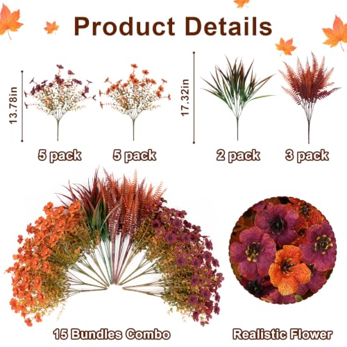 Artificial Fall Flowers Set with UV-Resistant Mums & Plants - Red Orange