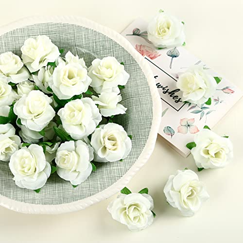 Artificial Ivory White Rose Flowers - 50 Pack, 1.6 Inch Silk Buds, Stemless