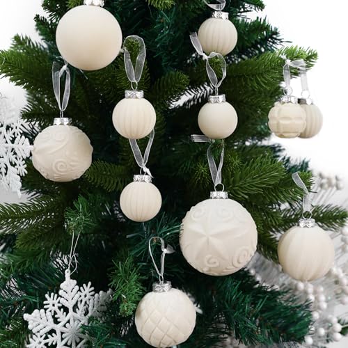 Cream Velvet Christmas Ball Ornaments Set - 46 Pcs Shatterproof Holiday Decorations with Loop, 3 Sizes
