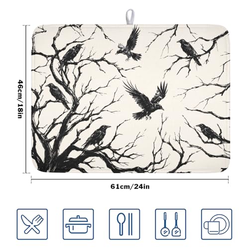 Halloween Crows Dish Drying Mat for Kitchen Counter Vintage Spooky Raven Pattern 24x18 Inches - Absorbent Microfiber Washable Drainer Pad