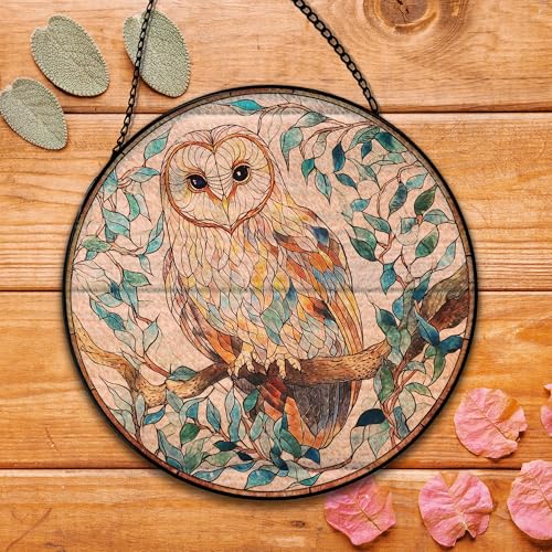 Owl Bird Stained Glass Sun Catcher - Indoor Window Hanging Decor - 7.8 Inches - Variation: Owl