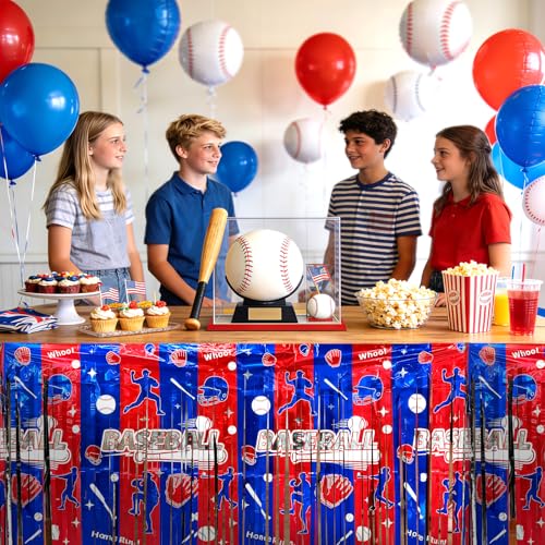 Baseball Party Table Decorations - 108x29.5 Inches Foil Fringe Skirts - Red, Blue & Silver