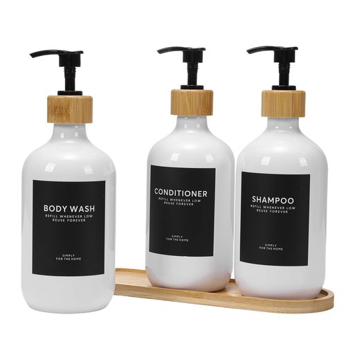 Shampoo and Conditioner Dispenser,16.9oz Set of 3 Plastic Refillable Shower Shampoo Dispenser with Bamboo Tray, Reusable Pump Bottles with Labels for Bathroom Décor (White+Bamboo Tray)
