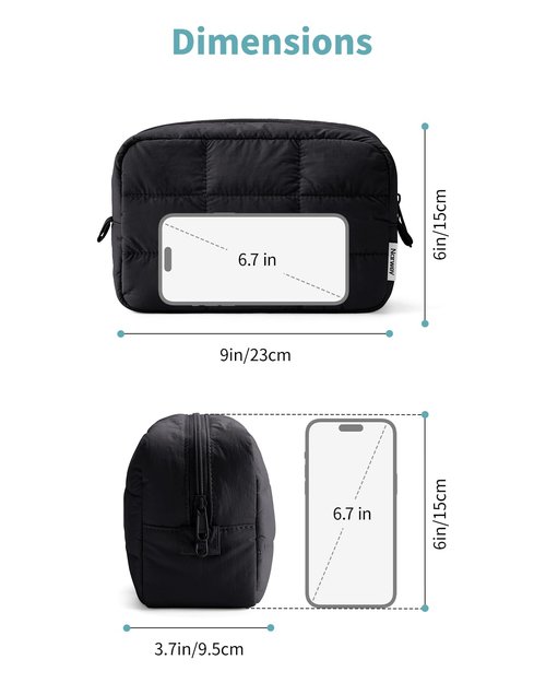 Narwey Quilted Makeup Bag for Women Girl, Puffer Travel Cosmetic Bag Puffy Make Up Bag Organizer, Cute Travel Toiletry Bag for Toiletries (Black)