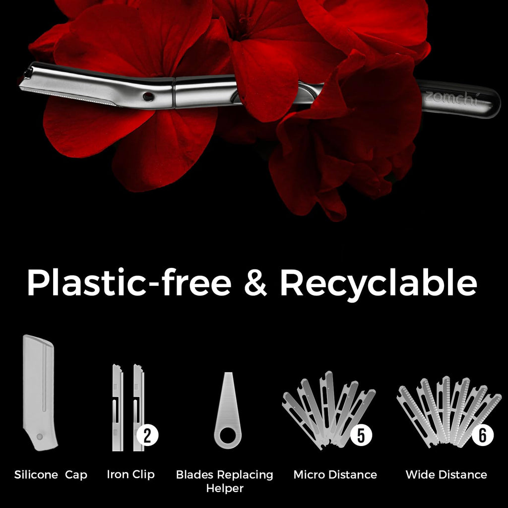 ZOMCHI Eyebrow Razor and Face Razor for Women and Men, Reusable Metal Handle with 11 Refill Blades, Dermaplane Razor with Protective Silicone Cap, Eyebrow Hair Trimmer - Polished Silver