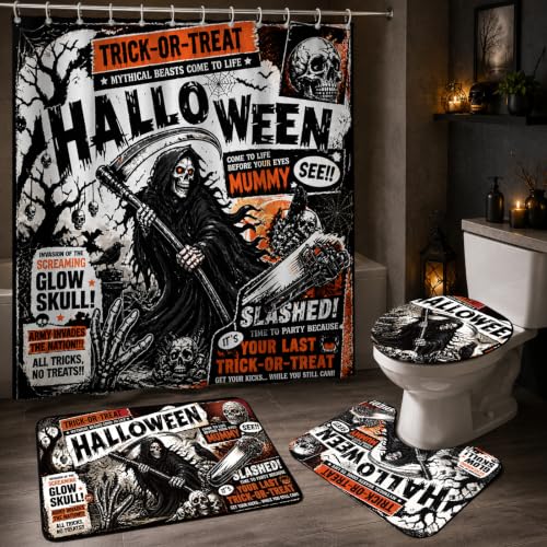 Gothic Skull Halloween Shower Curtain Set with Toilet Seat Cover Bath Rug & Hooks - Vintage Style