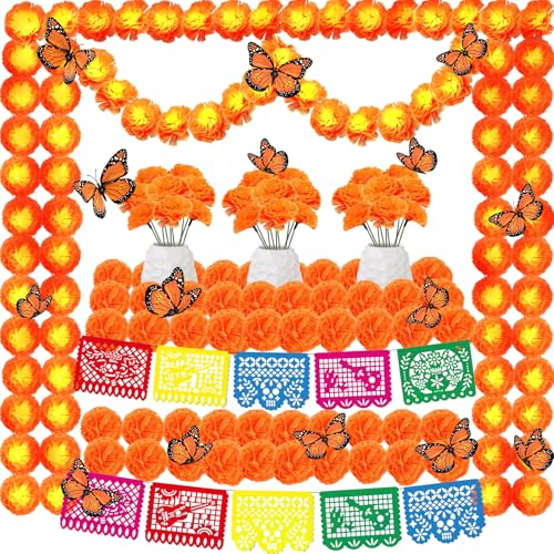 Day of The Dead Decorations Bundle - Mexican Banners, Marigold Garland & Butterflies