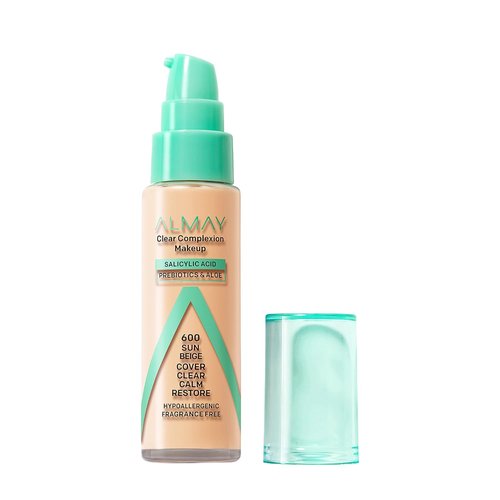 Almay Clear Complexion Acne Foundation - Salicylic Acid, Medium Coverage, Soft Matte Finish | 600 Sun Beige, 1 fl oz
