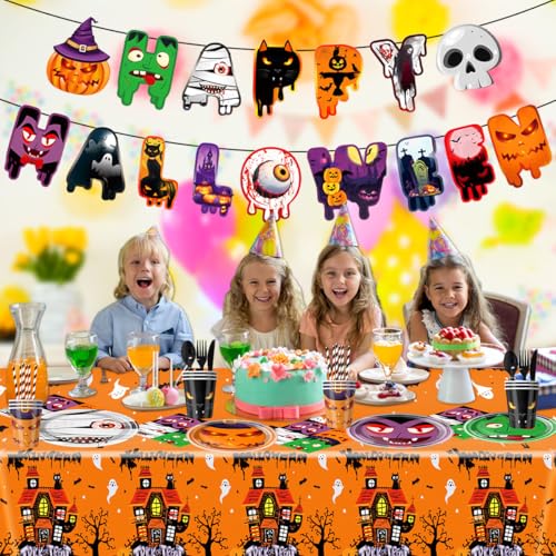Halloween Party Supplies Set - Monster, Pumpkin & Vampire Theme - Disposable Tableware & Decorations