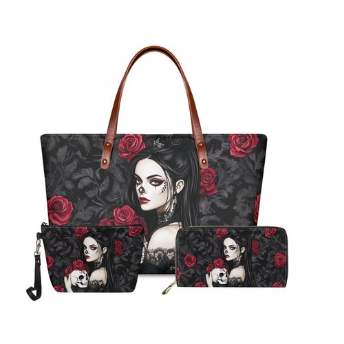 GIFTPUZZ Women and Skull Women's 3-Piece Handbag Set - Stylish Shoulder Bag, Tote Purse, and Makeup Bag for Work, Travel, and Beach - Versatile & Portable