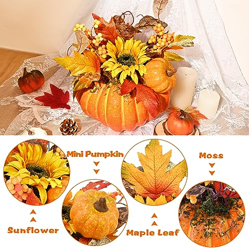 Orange Fall Decor Pumpkin Set - 2 Faux Pumpkins with Lights & Leaves