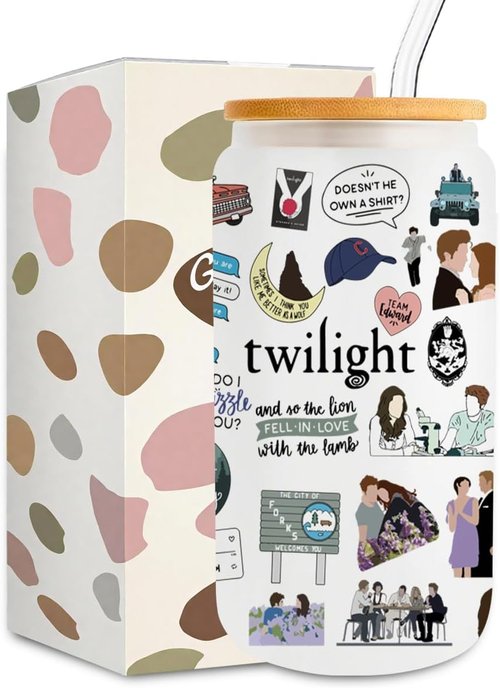 LONGXIN Twilight Vampire Lover Iced Coffee Cup - 16 oz Glass with Lid & Straw for Movie Fans
