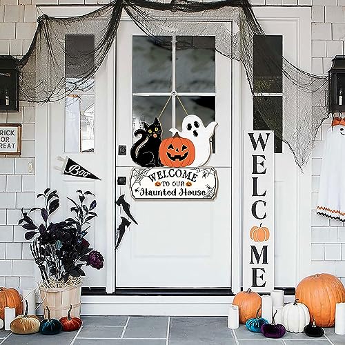 Halloween Door Hanging Sign - Welcome Ghost, Black Cat, Pumpkin Wood Decor for Haunted House & Party