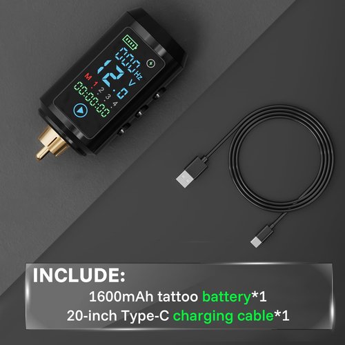 Neebol Wireless Tattoo Battery Pack – Rechargeable Cordless Tattoo Power Supply 1600mAh RCA Lithium Battery with LED Digital Display, 4 Memory Modes, One-Key Start for Tattoo Pen Rotary Machine 67M