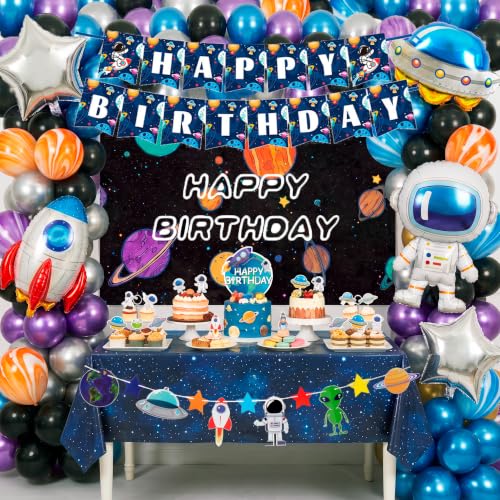 Space Themed Party Decorations Set with Balloons, Banners & Cake Toppers