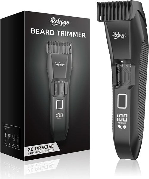 REHOYO Beard Trimmer for Men - Professional Cordless Hair Clippers with 20-Length Dial | Waterproof Stainless Steel Blades in Black