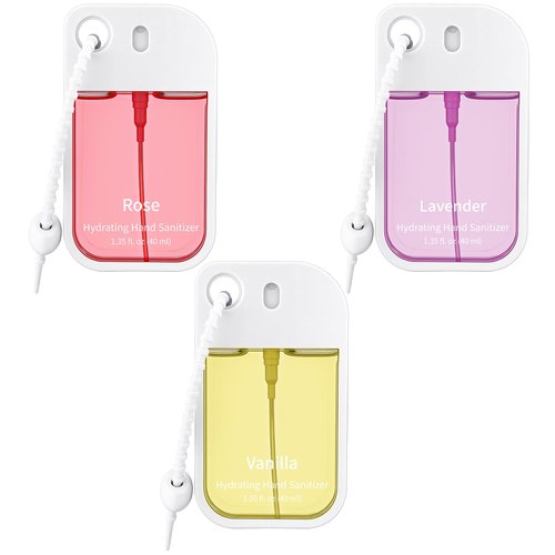Dansib Set of 3 Power Mist Hydrating Hand Sanitizer Spray Bulk with Keychain Travel Size Refreshing Hand Sanitizer 1.35 Fl. oz Compact Card Spray Bottle Rose Lavender Vanilla Scent for Friends Gifts