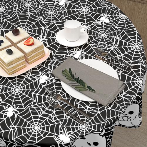 Halloween Round Tablecloth 60 Inch Ghost Spider Web Design - Reusable & Washable