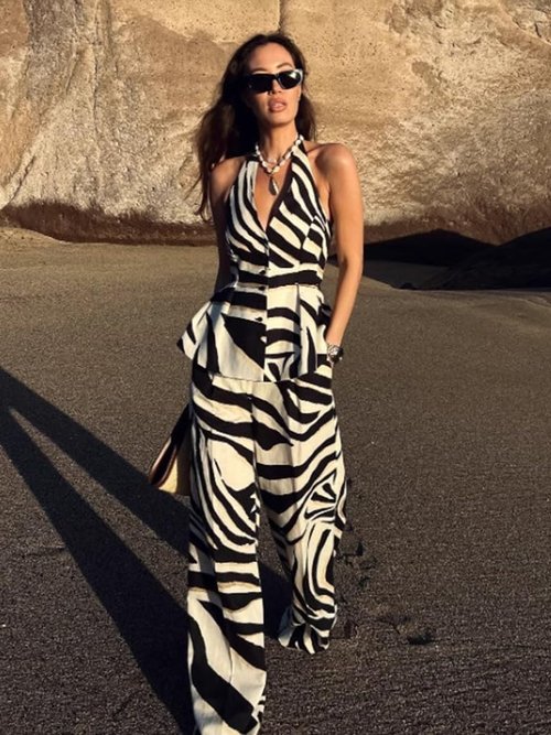 Skiennix 2-Piece Women's Zebra Print Outfit - Halter Top & Wide Leg Pants for Summer Vacation