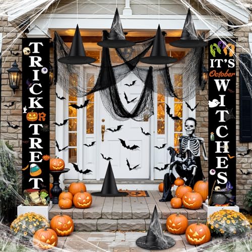 Halloween Outdoor Decorations Set with Banners Witch Hats Bats Creepy Cloth