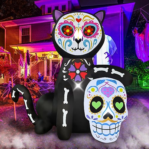 Halloween Inflatable Black Cat Skeleton Yard Decor - Spooky Garden Display