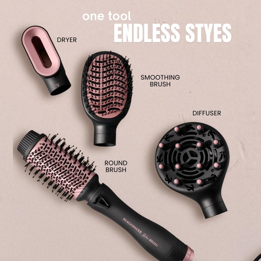 Beachwaver Co. Blow Brush - Midnight Rose | Versatile Blow-Dry Brush for All Hair Types | 2 Speeds, 4 Heat Settings, 4 Attachments