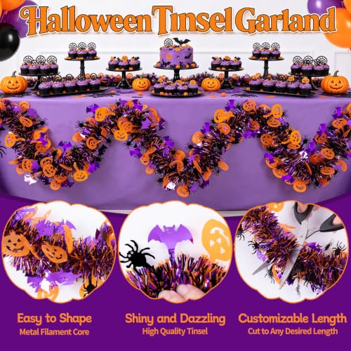 Orange Halloween Tinsel Garland 60Ft Pumpkin Spider Bat Decor