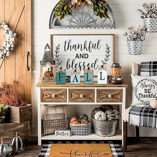 Fall Pumpkin Wooden Signs Set - Blue Autumn Harvest Decor for Thanksgiving & Home