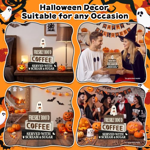 Halloween Ghost Coffee Farmhouse Decor Set - Oat Variation, Wooden Tabletop Decorations
