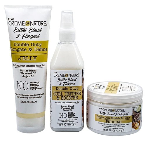 Creme of Nature Butter Blend & Flaxseed– Pudding, Jelly & curl Definer 7 Booster – for Curly, Coily, Shrinkage-Prone Hair – Styling Bundle Collection Set 3 PCS