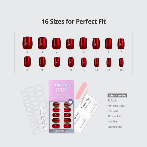 BTArtbox Press On Nails Red - Cat Eye Press On Nails Square for Gifts,Cherry Short Stick On Nails with Glue, Glossy Reusable Nail Tips in 15 Sizes - 30 Soft Gel Fake Nails Kit, Hot Love