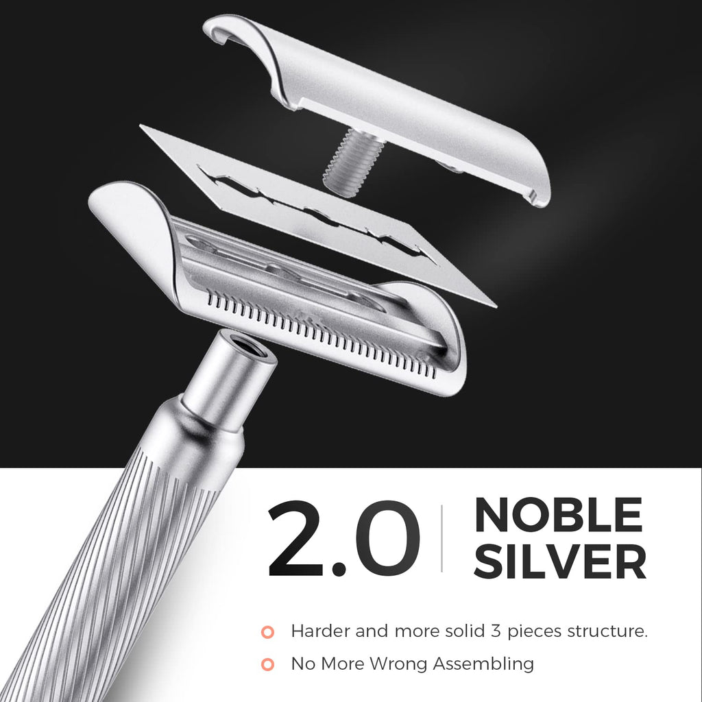 ZOMCHI Double Edge Safety Razor for Men & Women,[New Version 2.0 ] Metal Razor with 10 Double Edge Safety Razor Blades,Single Blade Razor – Noble Silver