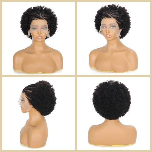 SODLIS Braided Wigs for Black Women 13x6 Lace Front Braideds Wigs Afro Puff Lace Frontal Hair Wig Afro KinkyCurly Human Hair Brazilian Curly Lace Front Wig 6 Inch
