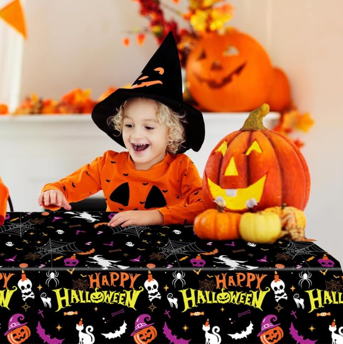 Halloween Tablecloths 3 Pack Waterproof Disposable Rectangle Cover - Black Ghosts & Bats Design, 54x108 Inches - Halloween